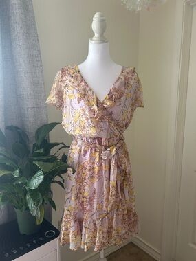 LC Lauren Conrad Pink Floral Wrap Midi Dress with Yellow Blooms